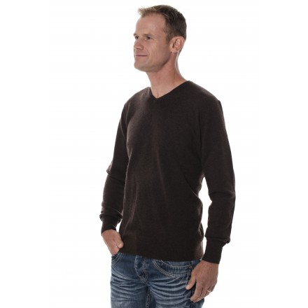 Pull homme laine de yak col V marron