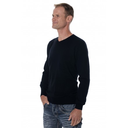 Pull mérinos homme 100% laine col V bleu marine