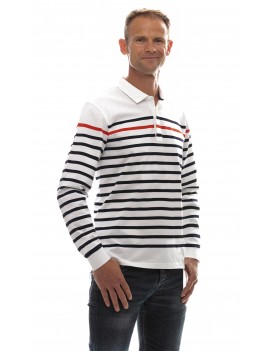 Polo marinière homme coton jersey manches longues blanche