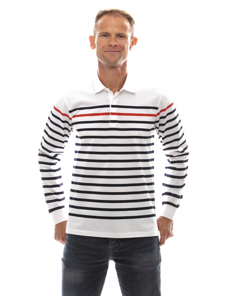 T-shirt marinière homme blanc col polo manches longues