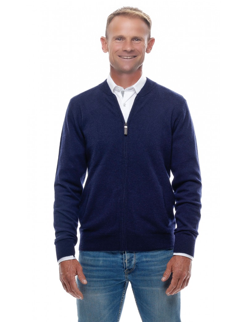 Gilet cachemire homme col zippé style bomber bleu marine