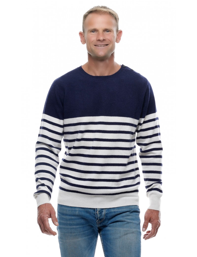 Pull cachemire homme col rond marin rayé