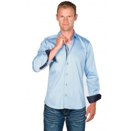 Chemise coton homme ajustée col italien bleu ciel Dustin