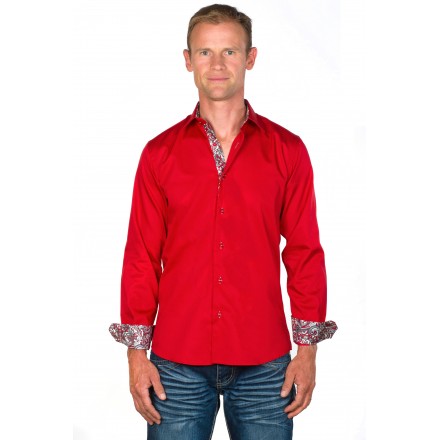 Chemise coton homme ajustée col italien rouge Tom