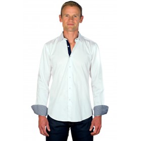 Chemise coton homme ajustée col italien blanche & marine
