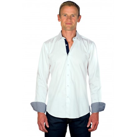 Chemise coton homme ajustée col italien blanche & marine