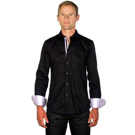 Chemise coton homme ajustée col italien bicolore noire & lilas
