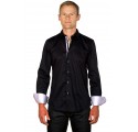 Chemise coton homme ajustée col italien bicolore noire & lilas
