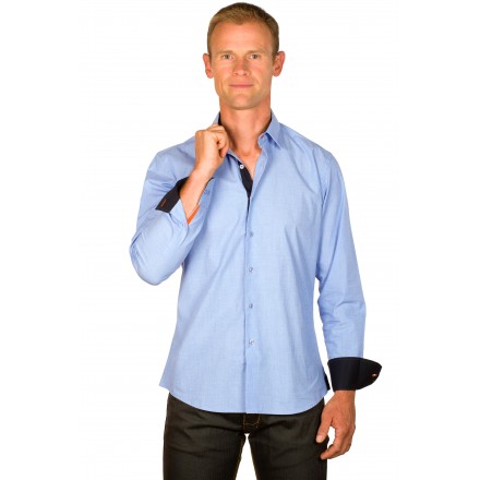 Chemise coton homme ajustée col italien bleu chambray galon orange