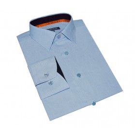 Chemise coton homme ajustée col italien bleu chambray galon orange