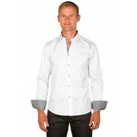 Chemise coton homme ajustée col italien blanche & vichy noir