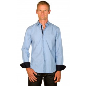 Chemise coton homme ajustée col italien bleu chambray galon rouge